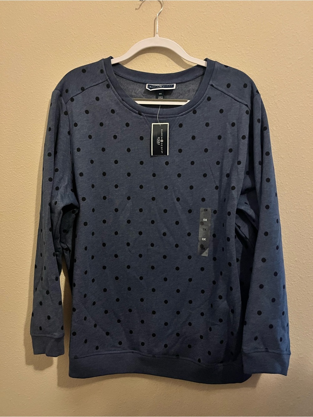 Karen Scott Navy Sweatshirt with Black Polka Dots